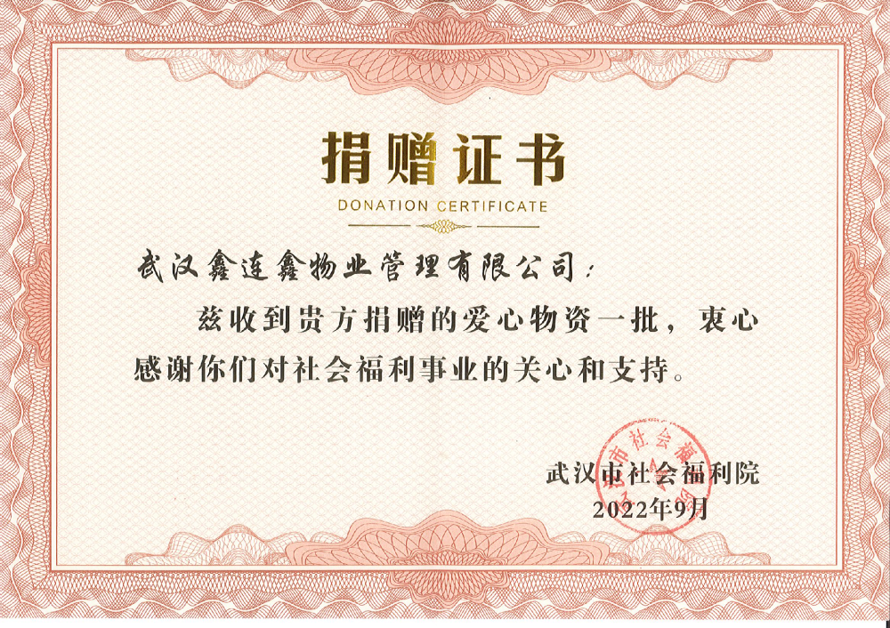 武汉社会福利院捐赠证书